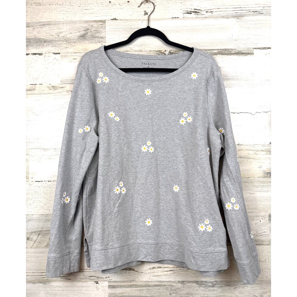 Talbots Womens XL Gray White Embroidered Daisy Terry Pullover Casual Sweatshirt